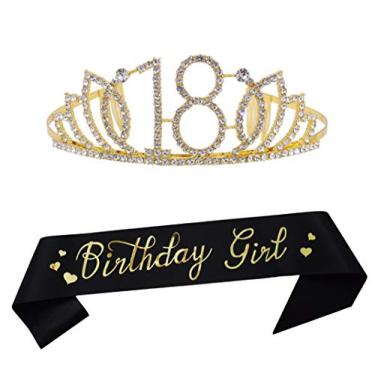 Imagem de Tiara e faixa de ouro para aniversário de 18 anos, artigos para festa de aniversário de 18 anos, faixa de cetim com glitter e tiara de cristal, coroa de aniversário de princesa para meninas,
