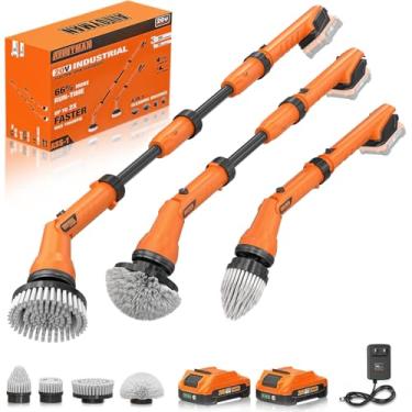 Imagem de Esfregador giratório elétrico de 2 baterias, escova de limpeza sem fio de 1000 RPM à prova d'água com fonte de alimentação de 20 V, alça de extensão ajustável, 4 cabeças de limpeza substituíveis,