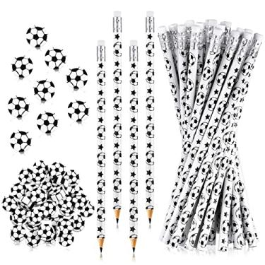 Imagem de Tinlade 72 lápis de futebol e borrachas para crianças, lápis de madeira divertidos para crianças, meninos, itens temáticos esportivos, lembrancinhas de festa de aniversário, presentes, bolsas de