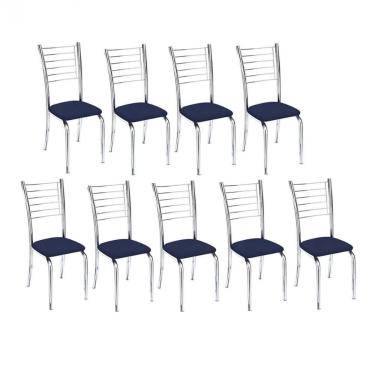 Imagem de Kit 9 Cadeiras De Jantar Lara Cromada Para Cozinha Assento Corino Azul Marinho - Aurora...