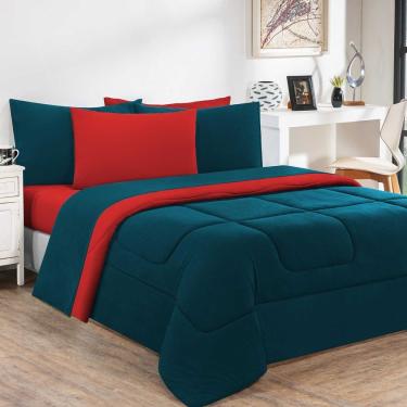 Imagem de Kit Edredom + Jogo De Lençol Malha 100% Algodão Gran Moratta 6 Peças Queen - Azul Petróleo-vermelho