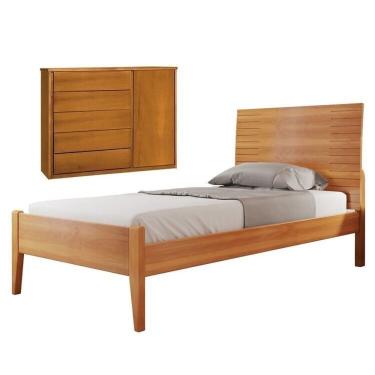 Imagem de Conjunto Quarto De Solteiro Cama Solteiro 90cm E Cômoda 5 Gavetas Com Sapateira Unique Amêndoa Mel