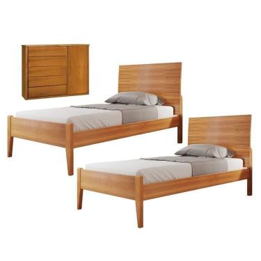 Imagem de Conjunto Quarto De Solteiro Com 2 Camas De 90cm E Cômoda 5 Gavetas Com Sapateira Unique Amêndoa Mel