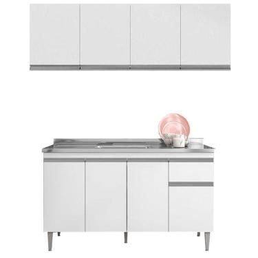 Imagem de Balcão De Pia Tatiane 145 Cm E Armário Aéreo Andréia 4 Portas 160 Cm Branco Brilho - Ajl