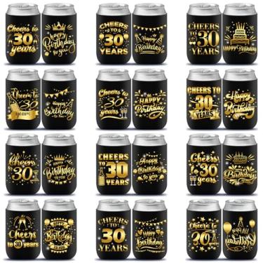 Imagem de Rumia Capas Térmicas Para Latas De 30º Aniversário - 24 Peças Lembrancinhas Festa Homens E Mulheres, Decoração Alegre Em Preto Dourado, Presente, Copo Bebida, Capa Garrafa