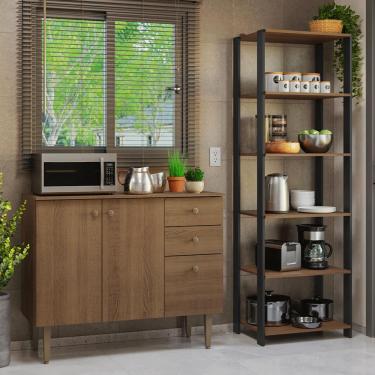 Imagem de Kit Cozinha Balcão Gabinete 3 Portas 2 Gavetas e Armário Cozinha Despensa 5 Prateleiras Rustic/Preto