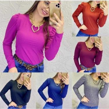 Imagem de Blusa manga longa gola rasa princesa bufante malha canelada lançamento