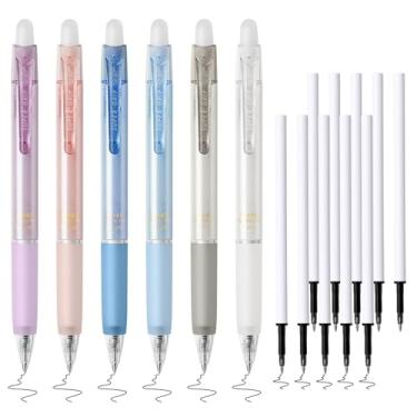 Imagem de Temiary 6 canetas de gel apagáveis retráteis e 10 refis de caneta, caneta com borracha, canetas de rolo de escrita lisas de 0,5 mm para escrever palavras cruzadas no diário (tinta preta)