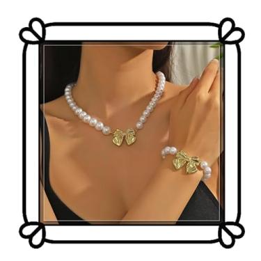 Imagem de DIONFEI Conjunto de joias com laço de pérola barroca - pulseira de colar com pingente de arco retrô - colar de contas de pérola pulseira joia feminina presente