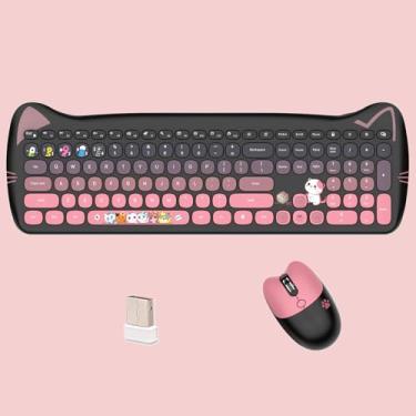 Imagem de Cute Cat Combo teclado e mouse sem fio USB 2,4 G, teclas silenciosas, cores doces, compatível com notebook, PC (BlackPink-110 teclas)