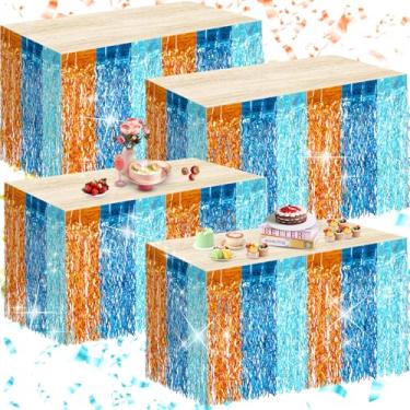 Imagem de Oudain Decorações de festa de aniversário de cachorro azul, pacote com 4 saias de mesa com franja metálica ondulada laranja e azul para mesa retangular e redonda decoração de artigos de festa temática