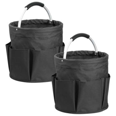 Imagem de IHOMAGIC Organizador de suprimentos de limpeza dobrável de 17L com alça de alumínio, balde de limpeza em tecido Oxford 600D, bolsa de ferramentas de jardim com 6 bolsos laterais, cesta de piquenique