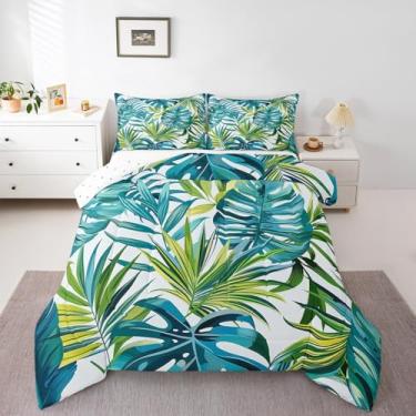 Imagem de jejeloiu Jogo de cama Queen com estampa de folhas tropicais de folhas tropicais para meninos e meninas, verão, galhos de árvores, tema da natureza, verde, azul-petróleo, edredom para decoração de
