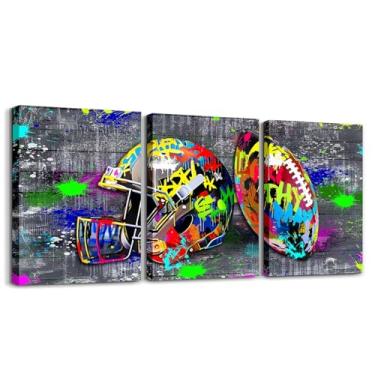 Imagem de Erosebridal Decoração de parede de futebol americano para quarto de meninos - Arte de parede em tela de bola de rúgbi de graffiti 3 painéis de capacete de futebol - Imagens esportivas tie dye para