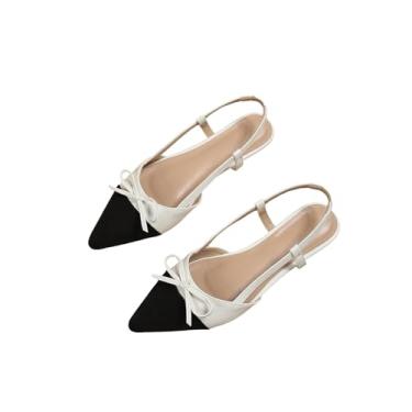 Imagem de BEAUDRM Sandália feminina de salto baixo com laço liso e salto fino, salto baixo, elegante, para festa e trabalho, Preto e branco, 35