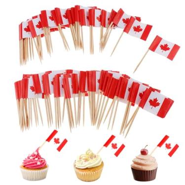 Imagem de Palitos de dente de bandeira, 100 peças, mini bandeiras do Canadá em palitos de alimentos, palito de dente, topos de cupcake, mini palito de coquetel, decoração de bandeira para bar de festa do dia da