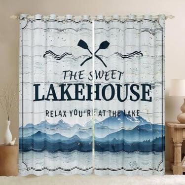 Imagem de Cortina de janela Lake House rústica estilo fazenda cortinas de madeira listras de madeira vintage ferrugem cortina de tratamento de janela para meninas meninos adultos homens azul marinho aquarela