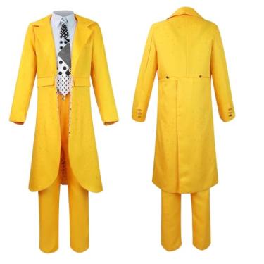Imagem de picmefee Fantasia masculina Jim Carrey para adultos fantasia masculina amarela cosplay jaqueta calça terno para Halloween (amarelo, pequeno)