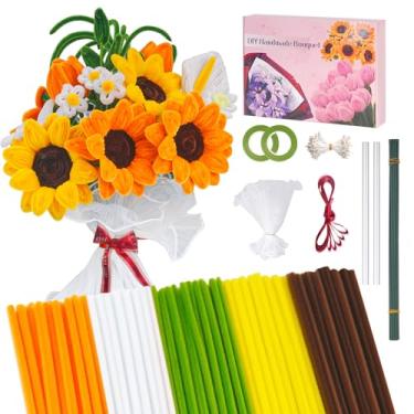 Imagem de Kit de limpeza de cachimbo de 500 peças para fazer flores de girassol DIY pacote de material com 20 hastes, 100 estames, fita, tule, bastões de cola e guia passo a passo cores vibrantes, não derrama