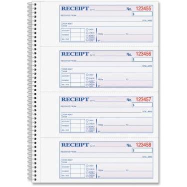 Imagem de Livro de recibos de dinheiro e aluguel da Adams, 2 partes sem carbono, 19 x 28 cm, encadernação espiral, 200 conjuntos por livro, 4 recibos por página (SC1182)