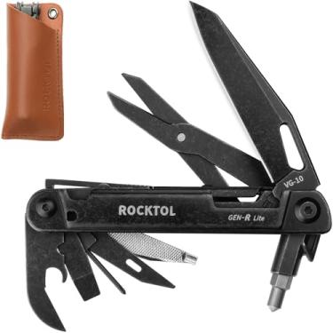 Imagem de ROCKTOL Faca de bolso Multitool Gen-R Lite, Retro Black EDC VG10, Multiferramenta compacta 15 em 1 com chave de fenda, tesoura grande, disjuntor de vidro, bainha de couro, leve para caminhadas