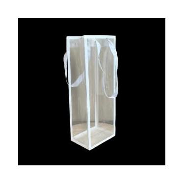 Imagem de Sacola Transparente com Borda Branca e Alça Gorgurão, 13x9x34 cm, Ideal para Vinho