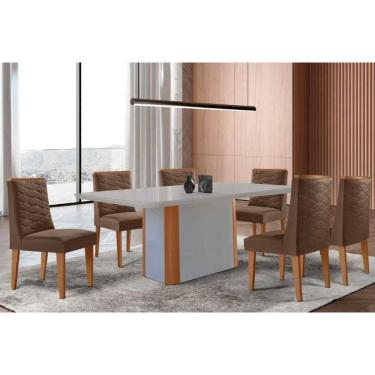 Imagem de Conjunto Sala de Jantar Pietá c/ Tampo Madeirado c/ Vidro Canto Curvo 180x90cm e 6 Cadeiras Maldivas Madeira Maciça Naturale/Off White - Capuccino/Sue