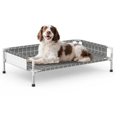 Imagem de Cama elevada para cães com cerca de 3 lados - Cama elevada para animais de estimação com pés antiderrapantes, sofá elevado durável para cães pequenos/médios, uso interno/externo com tecido de fácil