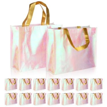 Imagem de Pacote com 20 sacos de presente iridescentes, sacos de presente holográficos reutilizáveis com alças douradas, tamanho grande de 33 x 12 x 28 cm, lembrancinha de festa iridescente para casamento