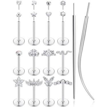 Imagem de Tornito Brinco push in stud 14K preenchido com ouro 14 K, brincos de costas planas de aço inoxidável, cartilagem, hélice, concha, tragus, lábio, labret, piercing de narina para mulheres 6 mm 8 mm