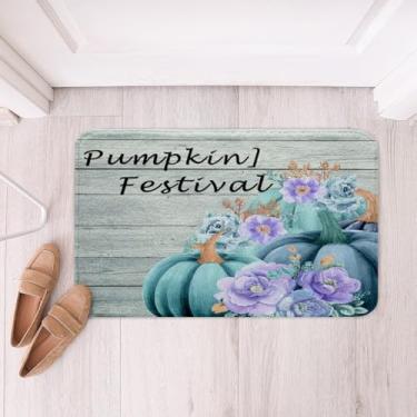 Imagem de Tapetes de banho Happy Fall Y'all para banheiro outono estampa de abóbora tapetes de banheiro para crianças tapetes de madeira rústica azul btah para banheira de chuveiro decoração ultra macia acessórios de banheiro 20 x 32 polegadas