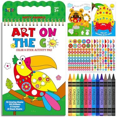 Imagem de Kit de colorir Road Trip, 50 páginas para colorir com 940 adesivos decorativos e 12 giz de cera, adesivos de viagem sem bagunça, colagem, atividade, faça você mesmo, animais pontilhados, kit de