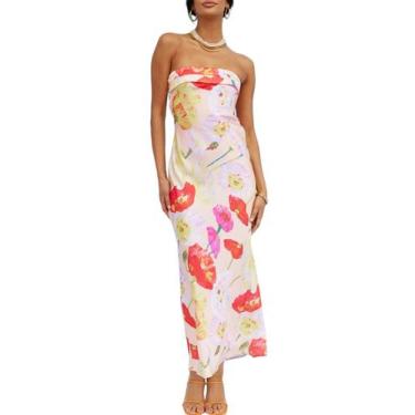 Imagem de Vestido maxi Realtix Summer com estampa de cetim sem encosto para mulh