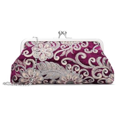 Imagem de RNIEGA Bolsa clutch feminina com bordado floral de lantejoulas elegantes para festas de casamento e coquetéis, B - vinho, 10.23 x 4.92 x 1.57 inches
