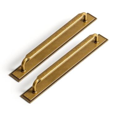 Imagem de Goo-Ki Pacote com 2 puxadores de armário com espaçador de placa traseira, orifício central de 19,5 cm, ferragens de cozinha de liga de zinco de latão antigo para gaveta de bar, 2202-GT-192-G022