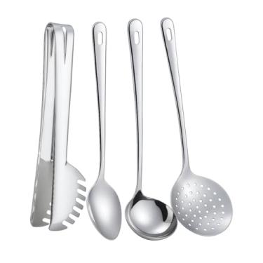 Imagem de Kit Utensílios de Cozinha em Aço Inox, 4 Peças, Colher, Escumadeira, Concha e Pegador, 24 cm, Prata