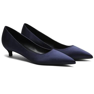 Imagem de MOOMMO Sapatos femininos de salto baixo com bico fino de cetim sem cadarço, salto baixo, 2,5 cm, confortável, clássico, diário, escritório, noite, festa, casamento, 4-13 M EUA, Cetim azul-marinho, 8.5