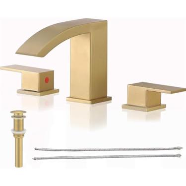 Imagem de Friho Torneira de banheiro moderna ampla com 3 furos cachoeira ouro escovado, bico retangular extra grande torneira de pia de banheiro de aço inoxidável com drenagem pop-up e linhas de suprimento