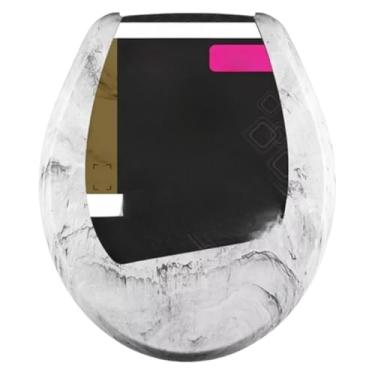 Imagem de Assento SanitáRio Almofadado Com Estampa De MáRmore | Tampa Oval Universal Macia E ConfortáVel (Branco Marmorizado)
