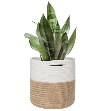 Imagem de MEGASKET Cesta de vime pequena para uso interno, 20 cm x 20 cm com corda de algodão emendado de juta, vaso de até 17,78 cm, capa moderna para vasos de árvores de flores, vasos pequenos de tecido