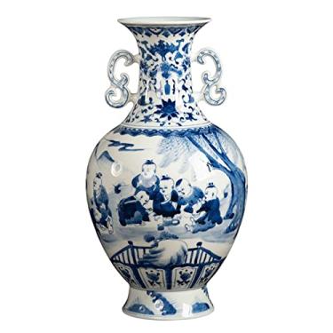 Imagem de AKALNNB Vaso de flores vaso de cerâmica 33,3 cm grande azul e branco porcelana vaso de flor chinês antigo áspero vasos pintados à mão quarto sala de estar dezembro