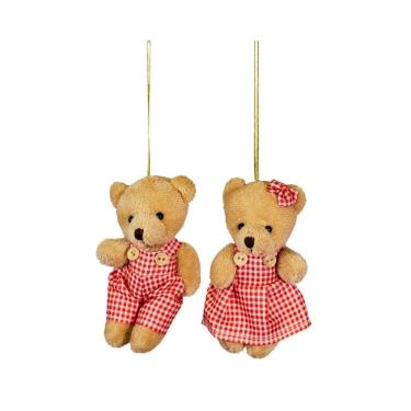 Imagem de Jogo Ursinho Decorativo Natal Casal Pelúcia Bege Roupa Vermelho Xadrez 12cm