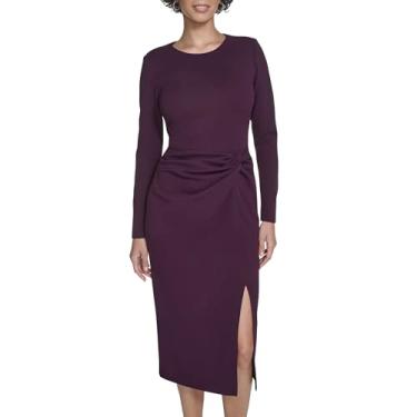Imagem de Calvin Klein Vestido midi feminino manga longa gola redonda crepe lateral babados, Berinjela, 40