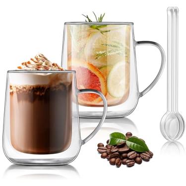 Imagem de Joeyan Canecas de café de vidro de parede dupla transparente, xícaras de cappuccino de chá com latte de camada dupla com alça, vidro de alto borossilicato isolado com forro duplo para leite e outras