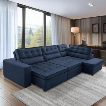 Imagem de Sofá de Canto Retrátil e Reclinável com Molas 3,40x2,00 Virginia Suede Azul Adonai Estofados