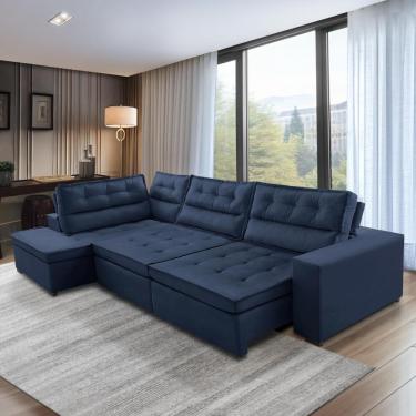 Imagem de Sofá de Canto Retrátil e Reclinável com Molas 3,40x2,00 Esq Virginia Suede Azul Adonai Estofados