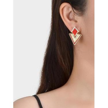 Imagem de Brincos elegantes e geométricos de zircão esmaltado vermelho na moda, delicados, fofos, brincos de Dia das Mães, aniversário, dia dos namorados, noivado, casamento, presentes para mulheres