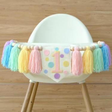 Imagem de Banner de cadeira alta HODIHIWI Colorful Macaron Dot, 1º aniversário