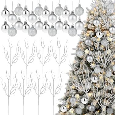 Imagem de 32 peças de decoração de árvore de Natal de prata costeira incluem ramo do oceano costeiro com brilho de 33 cm, galhos, enfeites de Natal e enfeites de bola de Natal de prata para decorações de Natal