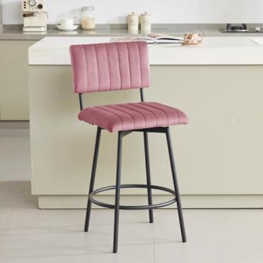 Imagem de MILCIL Banqueta giratória de altura com encosto, banco estofado de 66 cm com moldura de metal, encosto de assento canal, rosa veludo